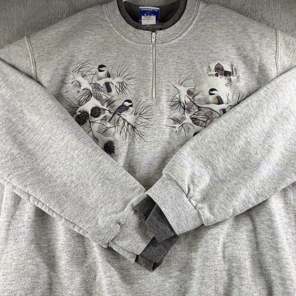 Vintage Chickadee Winter Farm Barn Pinecone 1/4 Zip Sweatshirt Womens Sz M - Picture 8 of 8